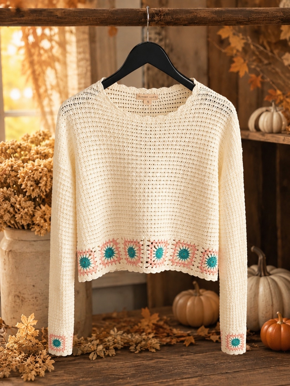 Sincerely Jules Cream Crochet Crewneck Sweater with Teal & Pink Blooms